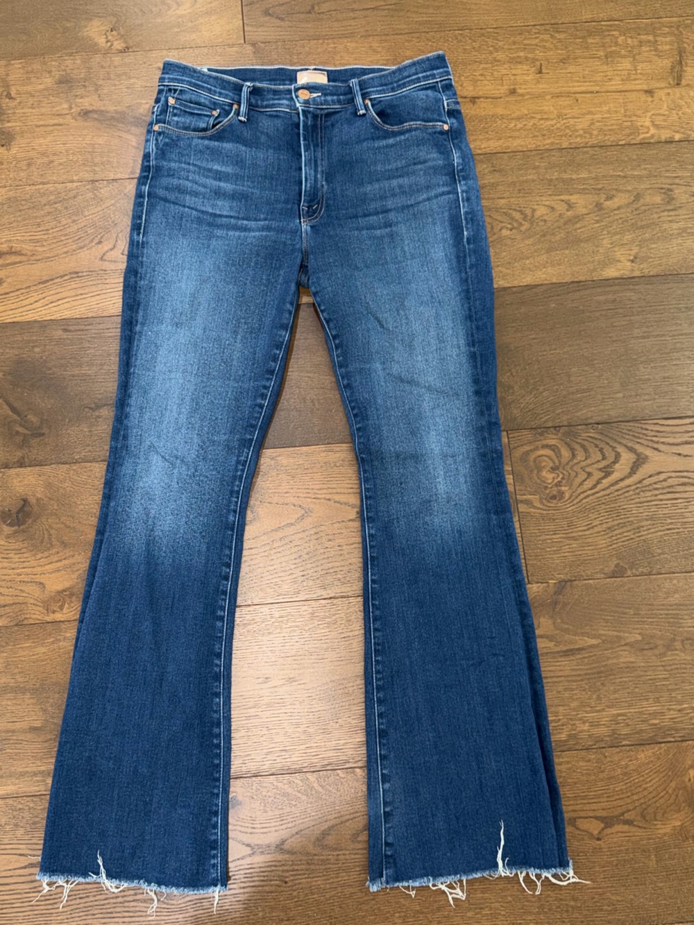 MOTHER The Weekender Fray Blue Flare Jeans with Raw Hem
